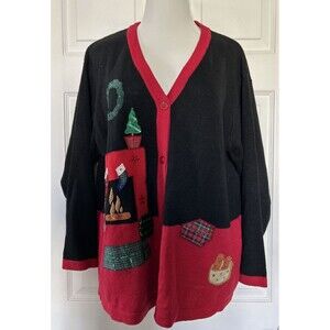 Sun Li Joy Vintage Christmas Cardigan Sweater Embroidered Wreath Fireplace M